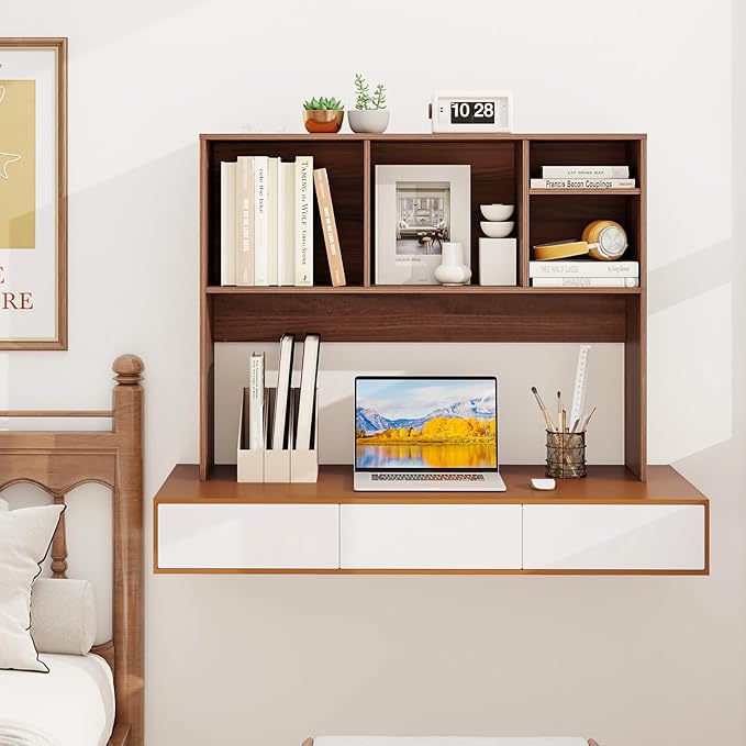 GOFLAME 4 Cubes Desktop Bookshelf, 37” Tabletop Wood Desk Shelf for Computer Monitor, Modern Countertop Desk Display Hutch Storage Organizer Shelf for Home Office, Dorm, Study (Walnut)