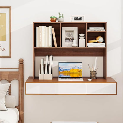 GOFLAME 4 Cubes Desktop Bookshelf, 37” Tabletop Wood Desk Shelf for Computer Monitor, Modern Countertop Desk Display Hutch Storage Organizer Shelf for Home Office, Dorm, Study (Walnut)