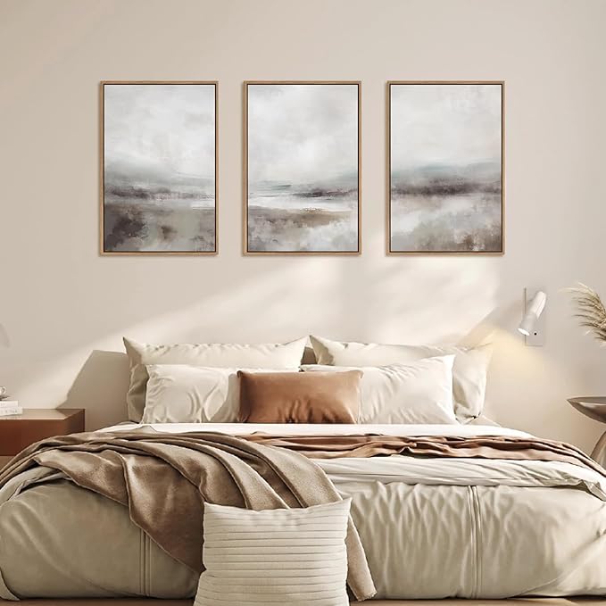 HLNIUC Large Abstract Neutral 3 Piece Wall Art Framed, Gray Lake Landscape Canvas Decor(24X36), Watercolor Smoky Mountain Wall Painting, Modern Minimalist Art Prints for Living Room, Bedroom, Office