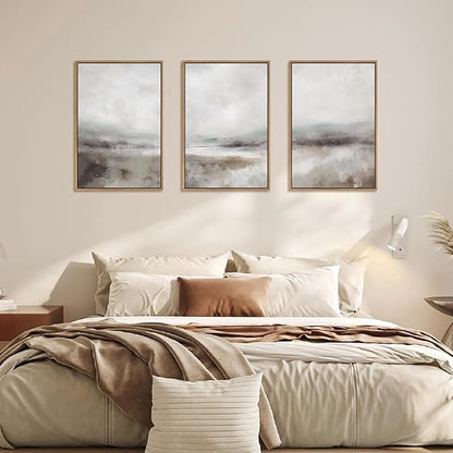 HLNIUC Large Abstract Neutral 3 Piece Wall Art Framed, Gray Lake Landscape Canvas Decor(24X36), Watercolor Smoky Mountain Wall Painting, Modern Minimalist Art Prints for Living Room, Bedroom, Office