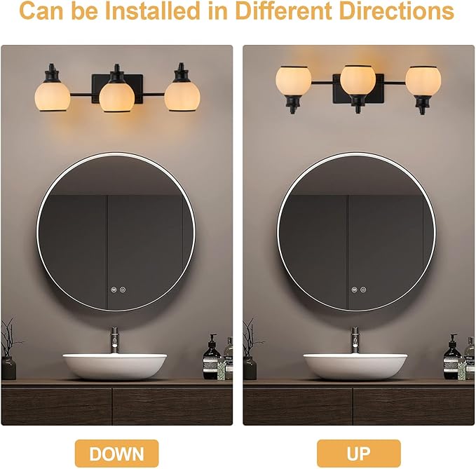 3 Light Modern Bathroom Light Fixtures Over Mirror (LED Bulbs Included), Black Vanity Lights for Bathroom Wall Sconces with Milky White Globe Glass Shades