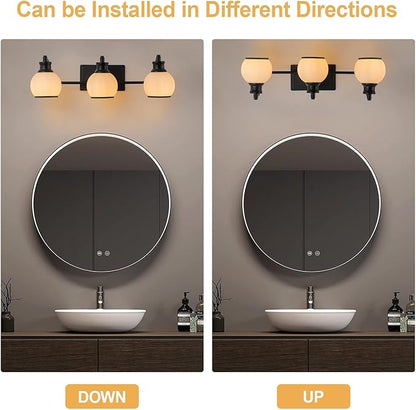 3 Light Modern Bathroom Light Fixtures Over Mirror (LED Bulbs Included), Black Vanity Lights for Bathroom Wall Sconces with Milky White Globe Glass Shades