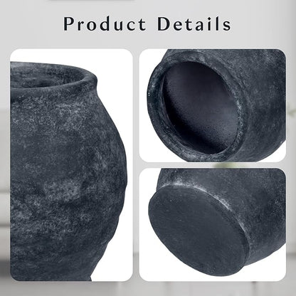 Briful 5.91'' Large Ceramic Black Rustic Vase, 4.72'' Wide Mouth Pampas Jar Vase Pottery for Fake Flowers Branches, Farmhouse Home Decor, Weddings Shelf Table Decor