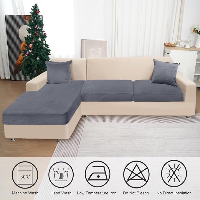 Sectional Couch Covers for 3-Piece Seat Cushion Velvet Separate L Shape Couch Cover Stretch Sofa Slipcover with 2 Pieces Pillowcases Furniture Protector (Sofa 2 Seater + 1 Chaise, Dark Grey)