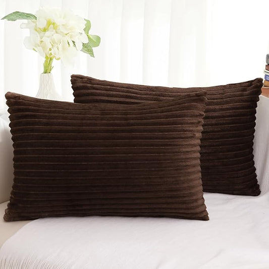 Simmore Decorative Spring Throw Pillow Covers 12x20 Set of 2, Soft Natural Plush Flannel Double-Sided Fluffy Lumbar Pillow Covers for Couch Sofa Living Room, Brown