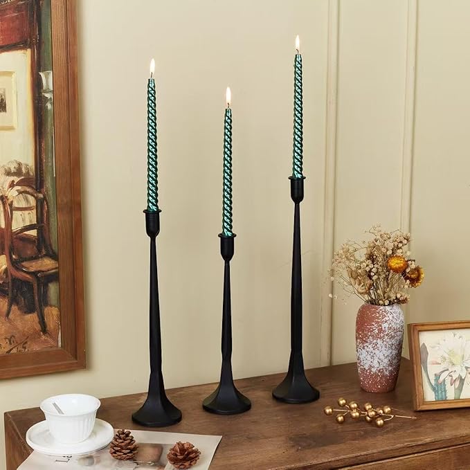 Iron Taper Candle Holder Set of 3 15.5” 14” 12” Decorative Modern Vintage Metal Tall Candlestick Holders for Wedding, Dinning Table,Mantle, Party Decoration (3, Black)