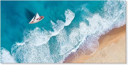 Goldfoilart Blue Ocean Sea Beach Canvas Wall Art Sailboat Painting Print on Canvas Seascape Pictures for Home Decor Living Room Bedroom Office Artwork Ready to Hang - 20"x40"