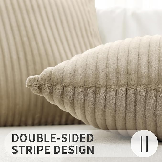 Simmore Decorative Spring Throw Pillow Covers 16x16 Set of 2, Soft Natural Plush Flannel Double-Sided Fluffy Couch Pillow Covers for Sofa Living Room, Khaki