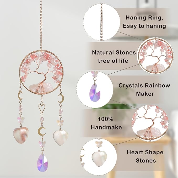 Tree of Life Crystal Suncatchers for Window Hanging Wind Chime Style Garden Sun Catchers with Natural Pink Stone Crystals Rainbow Maker Indoor Outdoor Decor Handmade Gold Plated Suncatcher
