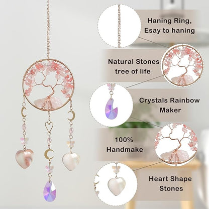 Tree of Life Crystal Suncatchers for Window Hanging Wind Chime Style Garden Sun Catchers with Natural Pink Stone Crystals Rainbow Maker Indoor Outdoor Decor Handmade Gold Plated Suncatcher