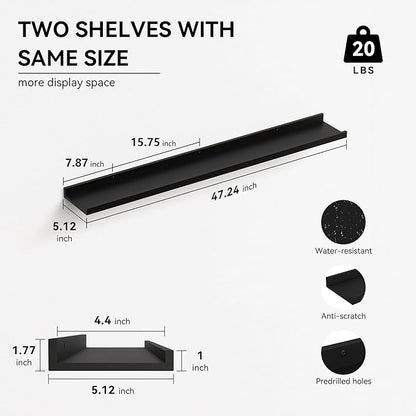 Boswillon 47.2 Inches Long Floating Shelves Wall Mounted, 2 Set Modern Wall Shelf for Bedroom, Nursery Book Shelf with Lip, Picture Ledge Shelf for Decor Living Room Bathroom Kitchen - Black