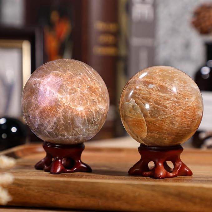 moonsix Natural Orange Moonstone Crystal Sphere with Resin Stand Healing Energy Stone Decorative Ball Sculpture for Home Office Tabletop, 61-70 mm