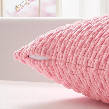 Kevin Textile Valentines Day Decorative Pillow Covers Set of 2 Striped Plush Corduroy Rectangle Lumbars Boho Home Decor Cushion Covers for Couch Sofa Bed Living Room 12x20 Inch, Pink