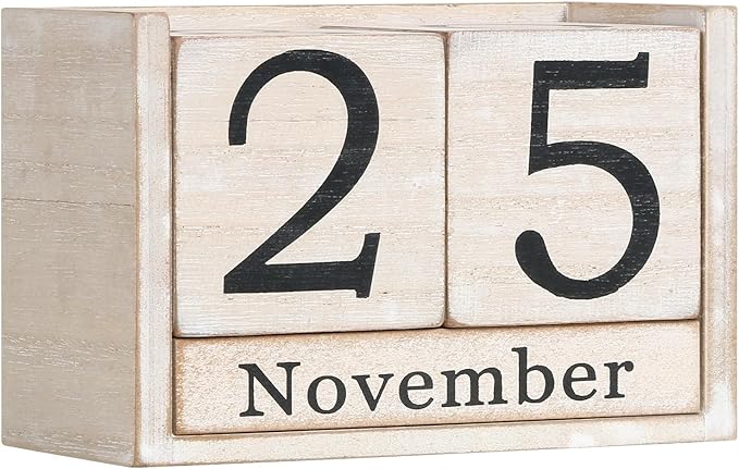 Wooden Block Calendar for Desk, Large Size Daily Desktop Perpetual Desk Calendar, Cute Date Display Desk Accessories for Home Office Decor, Teacher, Classroom, Reusable Yearly, Grey Beige