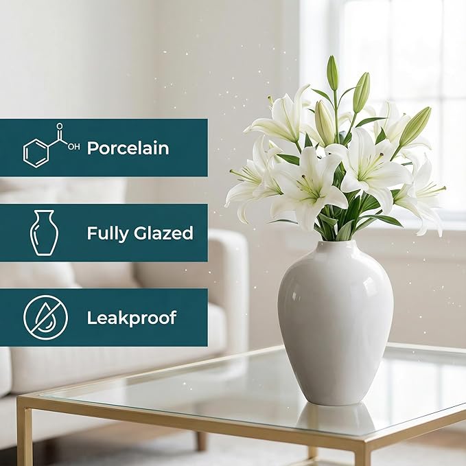 Willowy 10 Inch Elegant Glossy Porcelain Vase - White Ceramic Vase, Large Ceramic for Vases Home Decor, Tall White Decorative Vases for Pampas Grass