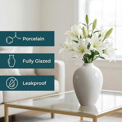 Willowy 10 Inch Elegant Glossy Porcelain Vase - White Ceramic Vase, Large Ceramic for Vases Home Decor, Tall White Decorative Vases for Pampas Grass