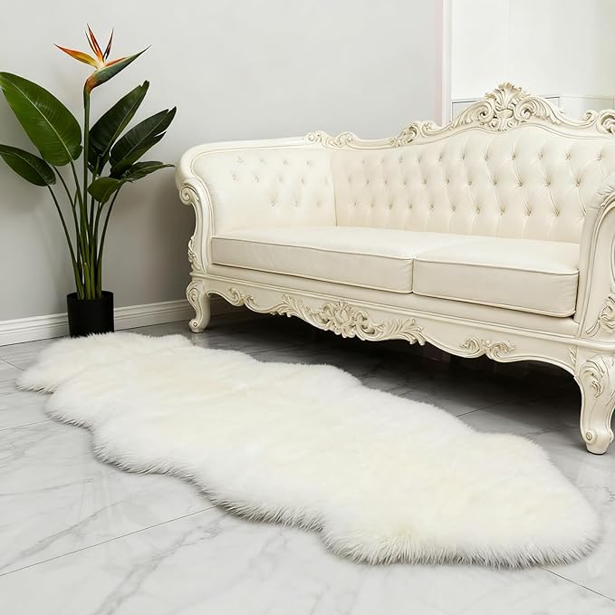 White Faux Fur Sheepskin Area Rug for Living Room Bedroom, 2 x 6 Feet Ultra Soft Shaggy Fuzzy Furry Carpet Chair Throw Runner Rugs for Kids, Girls, Nursery Room Decor Dorms