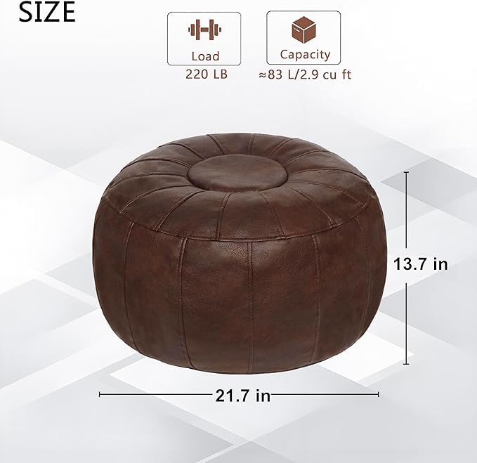 Thgonwid Unstuffed Moroccan Storage Pouf Foot Stool Ottoman Seat Handmade Faux Leather Bean Bag Floor Chair Foot Rest for Living Room, Bedroom or Balcony (Deep Coffee)