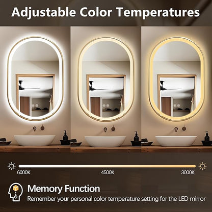 Niccy Oval LED Mirror for Bathroom, 36x24 Front Lit + Backlit Vanity Mirrors with Light Anti-Fog, Shatter-Proof, 3 Colors, Makeup Mirror with Gold Frame (Horizontal/Vertical)