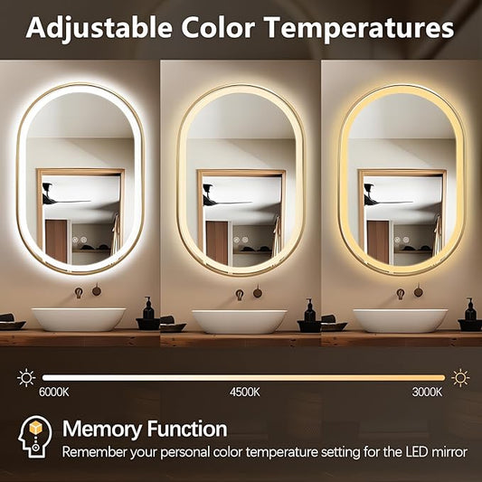 Niccy Oval LED Mirror for Bathroom, 36x24 Front Lit + Backlit Vanity Mirrors with Light Anti-Fog, Shatter-Proof, 3 Colors, Makeup Mirror with Gold Frame (Horizontal/Vertical)