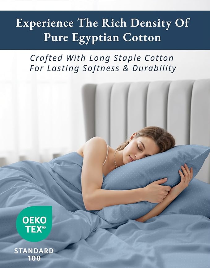 LANE LINEN 100% Egyptian Cotton Bed Sheets - 4PC Full Sheets Set, Long Staple Bedding Sheets, Sateen Weave, Luxury Hotel Sheets, Fits Upto 15" Mattress, Swiss Dot - French Blue