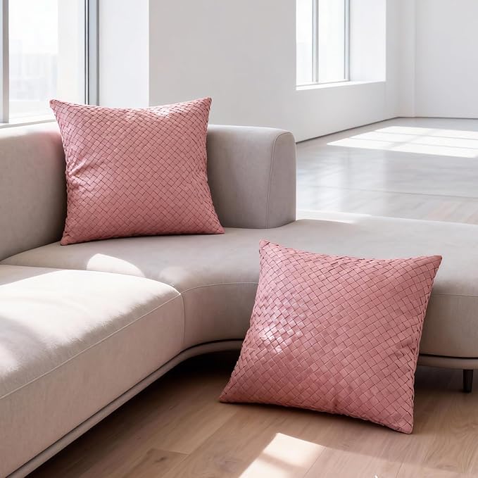 Faux Leather Throw Pillow Cover 18X18 Inch Set of 2 Woven Pink Outdoor Modern Farmhouse Solid Decorative Pillow Covers for Room Couch Living Bedroom Bed Sofa