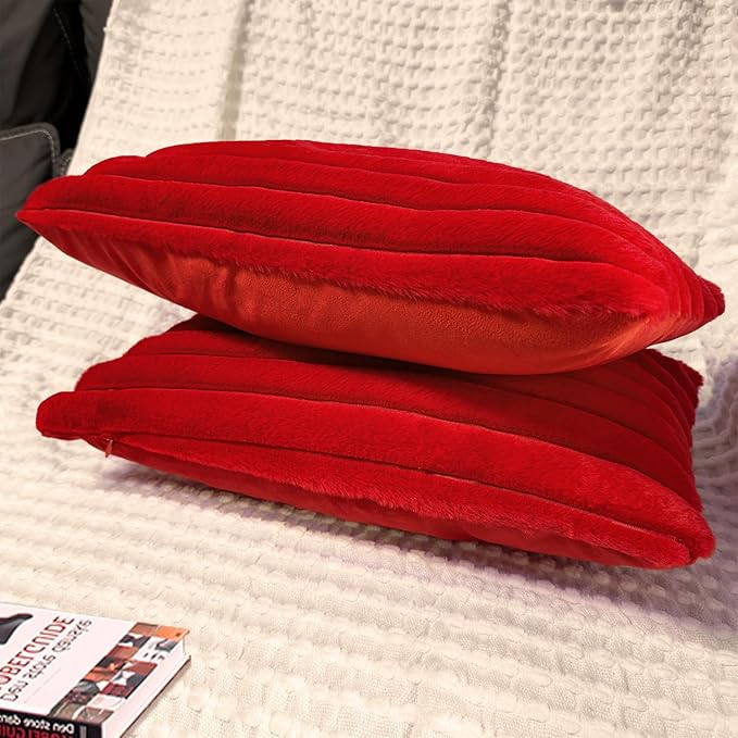 2 Pack 12x20 Pillow Cover Velvet Pillow Covers, Faux Fur Oblong Throw Pillow Covers for Living Room Decorations Throw Pillow Case, Throw Pillow Cover Cushion Cover for Home Sofa Bedroom Car, Red