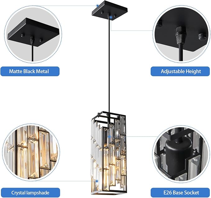 Black Pendant Lighting Modern Pendant Light, Mini Crystal Chandeliers,Adjustable Pendant Light Fixture for Kitchen Island Dinning Room Bedroom (2 Pack)