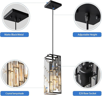 Black Pendant Lighting Modern Pendant Light, Mini Crystal Chandeliers,Adjustable Pendant Light Fixture for Kitchen Island Dinning Room Bedroom (2 Pack)