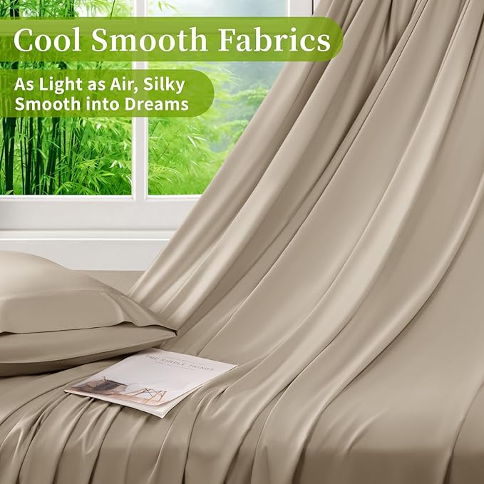 Shilucheng 100% Viscose Derived from Bamboo_ Sheets Queen Size 4pcs - Ultra Cooling & Silky Soft Bed Sheets, 16" Deep Pocket, Perfect for Hot Sleepers, Hotel Bedding Sheets (Simply Taupe)