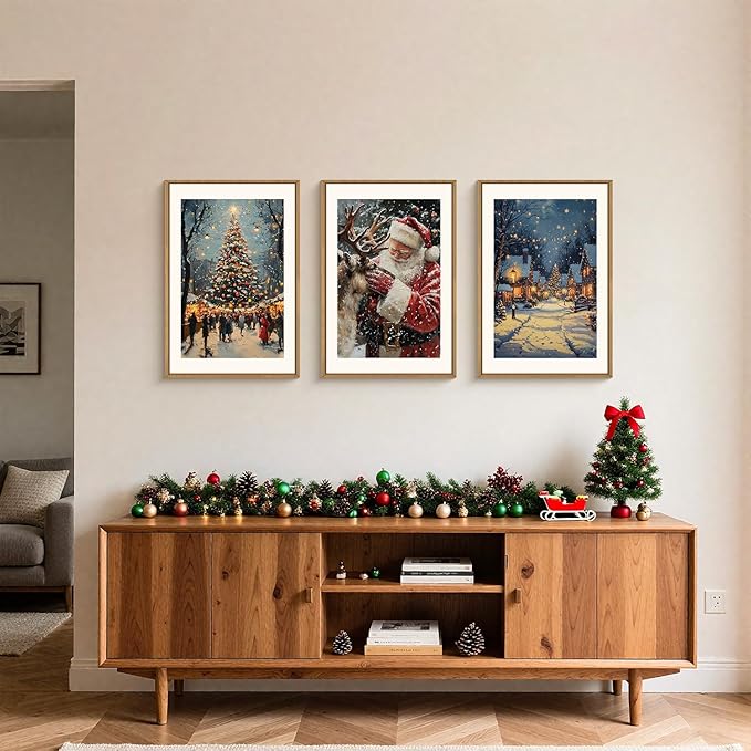 Aryroi Large Enchanting Christmas Framed Canvas Wall Art Set,Santa Claus Reindeer Wall Decor,Magical Glowing Christmas Tree Artwork,Winter Snowy Village Art Print for Living Room,Bedroom- 16"x24"x3