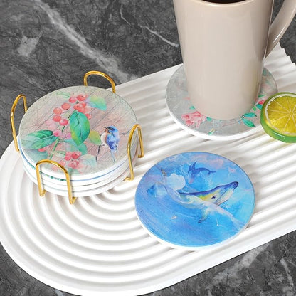 Ceramic Coasters Set of 6 with Holder, Whimsical Nature Style, Absorbent Drink Coaster Set for Home Decor, Cups, Mugs and Glasses