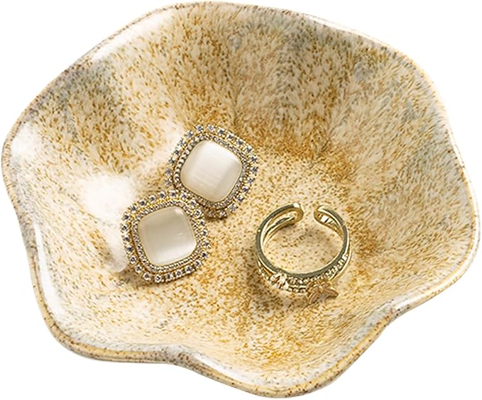 Ceramic Ring Dish, Jewelry Dish Holder, Small Trinket Tray Plate for Earrings Rings Necklaces Keys, Gift for Mom Friend Sister on Birthday Mother's Day Christmas (Camel Surface)