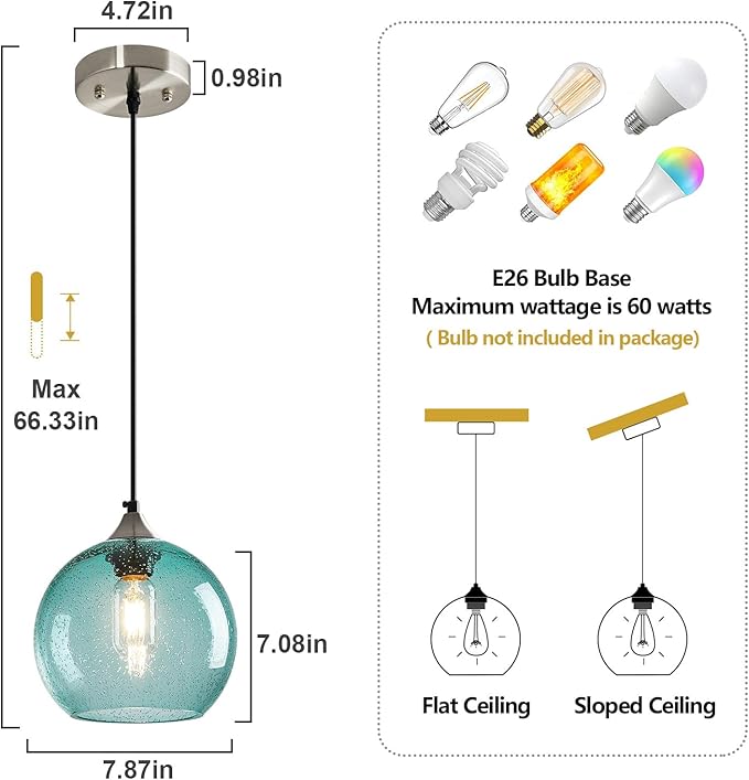 Light Blue Glass Pendant Lights Kitchen Island Lighting Globe Pendant Light Fixtures Modern Pendant Lighting for Bedroom Living Dining Room Light Fixture (7.87 in, 1 Pack)