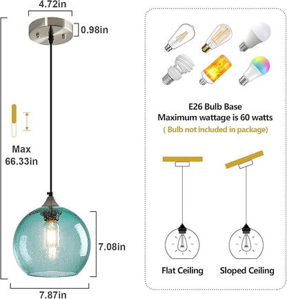 Light Blue Glass Pendant Lights Kitchen Island Lighting Globe Pendant Light Fixtures Modern Pendant Lighting for Bedroom Living Dining Room Light Fixture (7.87 in, 1 Pack)
