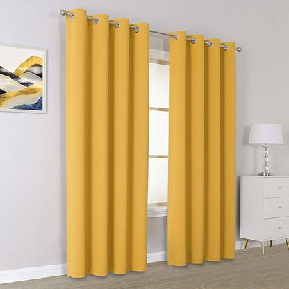 DUALIFE Yellow Solid Curtains 96 Inch Length Blackout Curtain Panels for Bedroom Room Darkening Gold Window Drapes Thermal Insulated Grommet Top 52Wx96L,2 Panels