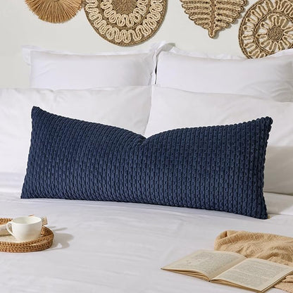 Kevin Textile 20x54 Inch Long Body Lumbar 1 Pack Boho Decorative Throw Pillow Cover Soft Striped Corduroy Rectangle Cushion Case Farmhouse Accent for Living Room Couch Sofa Bed, Navy Blue