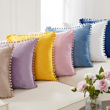 Deconovo Velvet Throw Pillow Covers, Set of 2, 18” x 18” Navy, Decorative Soft Farmhouse Square Pom-poms Case for Sofa Bedroom