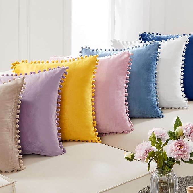 Deconovo Velvet Throw Pillow Covers, Set of 2, 20” x 20” Navy, Square Pom-poms Soft with Invisible Zipper Cover for Sofa Couch Car