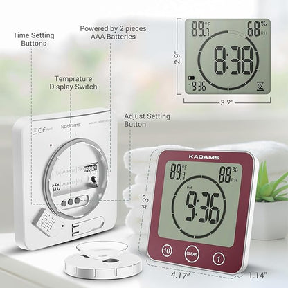 KADAMS Shower Clock Waterproof Bathroom Timer – Digital Wall Clock with Countdown, Magnetic Kitchen Clock with Temperature & Humidity, Suction Cup for Kids Shower Spa Cook Bath (Rose)