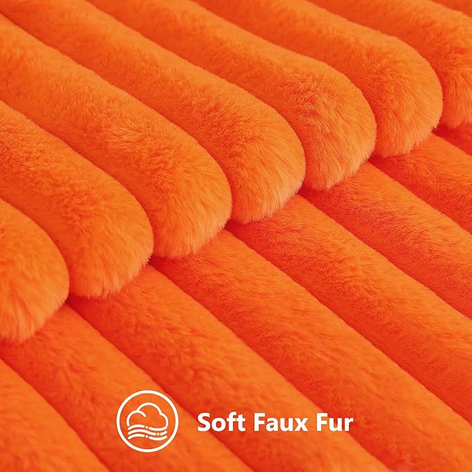 decorUhome Faux Fur Spring Throw Pillow Covers 20x20 Set of 2, Decorative Soft Plush Striped Neutral Couch Pillow Covers with Velvet Back for Sofa, Bed, Living Room Home, Orange