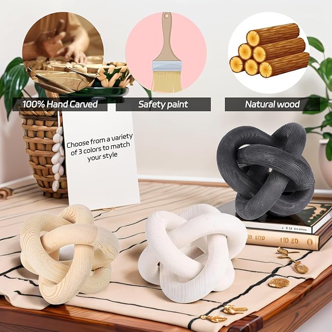 3 Link Hand Carved Wood Knot, Wood Chain Link Decor, Rustic Decorative Objects for Home, Living Room, Bedroom, Coffee Table, Modern Farmhouse Shelf Decor (Black)