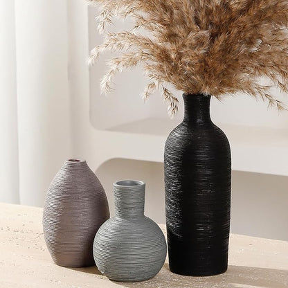 Ceramic Vases Set of 3 Home Decor Vases Modern Rustic Farmhouse Pottery Decorative Flower Vase for Pampas Grass Dried Fresh Flowers, Living Room, Table Centerpiece, Shelf, Mantel (Multicolor Black)