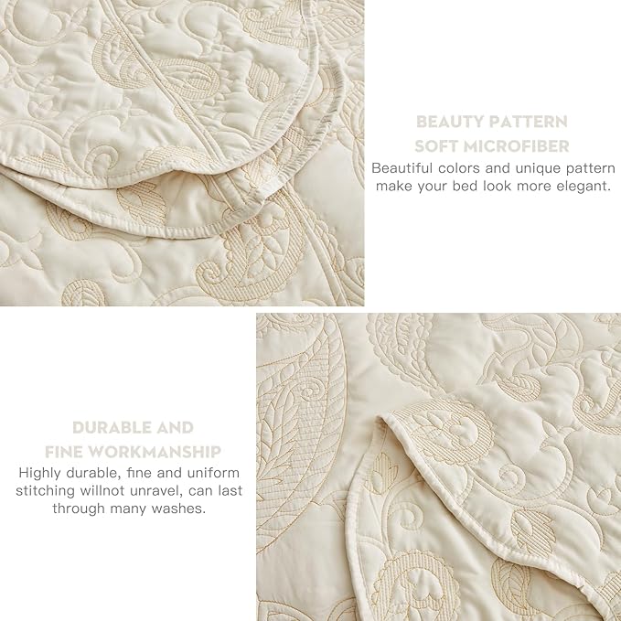 HZ & HY Oversized King Bedspread 138x122 Extra Wide, Quilted Coverlet Bedding Set, Lightweight Thin Comforter, Reversible, Luxurious, 5 Piece, 100% Microfiber, California/Alaskan King, Ivory Yellow
