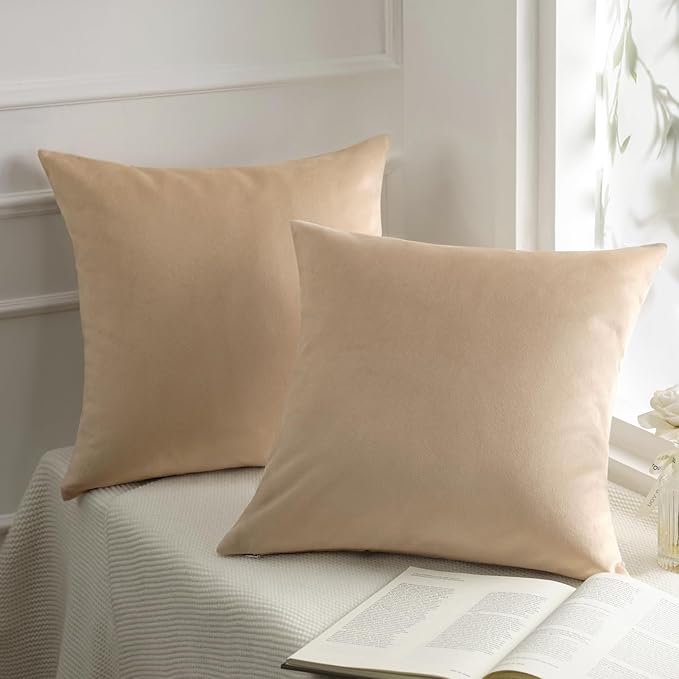 Phantoscope Pack of 2 Velvet Decorative Throw Decorative Pillow Cover Soft Solid Square Cushion Case for Couch Beige 20 x 20 inches 50 x 50 cm