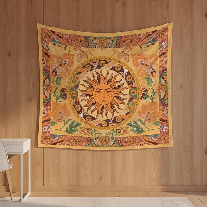 Boho Sun Tapestry Vintage Yellow Tapestry Retro Sunflowers Aesthetic Easy Installation HD Digital Print Wall Hanging for Bedroom Living Room Dorm Home Decor(Organe Sun, 60"x80")