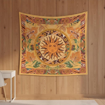 Boho Sun Tapestry Vintage Yellow Tapestry Retro Sunflowers Aesthetic Easy Installation HD Digital Print Wall Hanging for Bedroom Living Room Dorm Home Decor(Organe Sun, 60"x80")