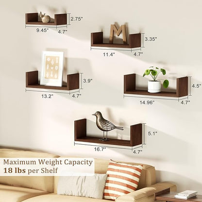SRIWATANA Floating Shelves for Wall, Wall Shelves for Bathroom, Bedroom, Living Room, Kitchen, Office, Wood Shelves for Home Decor Set of 5 (Dark Walnut)