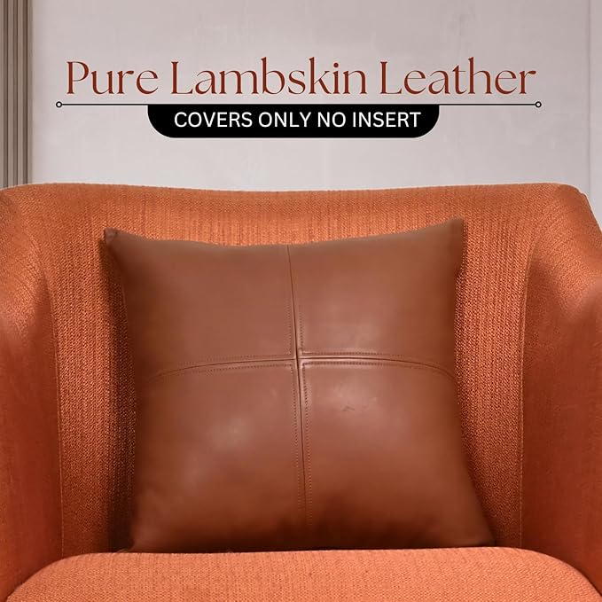 LL LEATHER LOVERS Lambskin Leather Pillow Cover, Hand Panel Stitched Leather Decorative Throw Pillow Covers for Couch Sofa Bed Living Room Garden (16x16 Inches, Brown Pack of 2)