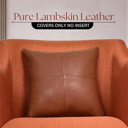 LL LEATHER LOVERS Lambskin Leather Pillow Cover, Hand Panel Stitched Leather Decorative Throw Pillow Covers for Couch Sofa Bed Living Room Garden (16x16 Inches, Brown Pack of 2)